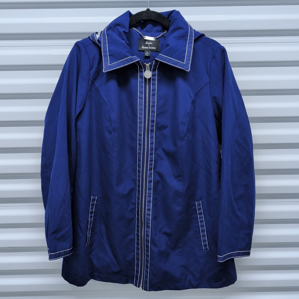 Dennis Basso Jacket M Womens Royal Blue Hooded Zip Front Contrast Stitch Coat — photo 2
